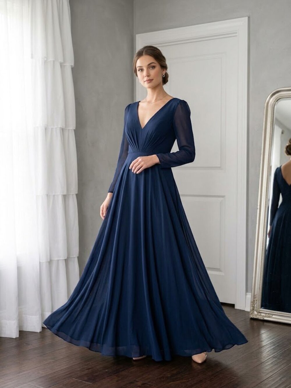 JJs House Navy Long-Sleeve V-Neck Maxi Gown